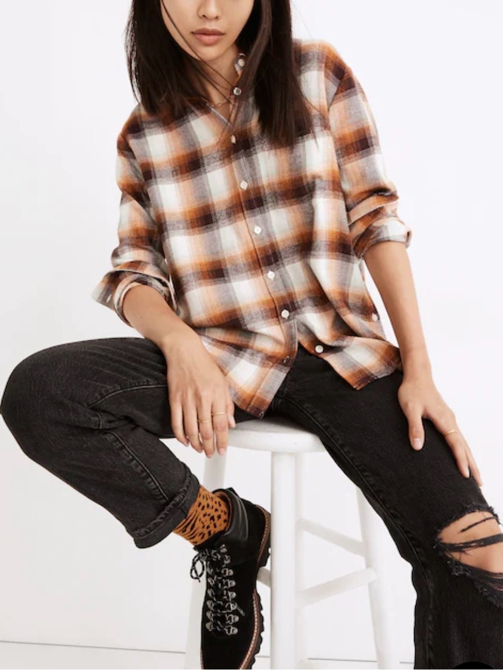 Madewell Ex Boyfriend Plaid Flannel Shirt Small Oversized Side Button 100% Cotto